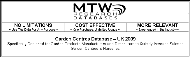 Garden Centres mailing list and database from MTW Research for list of all major uk garden centres in the UK directory of garden products distribution channel
