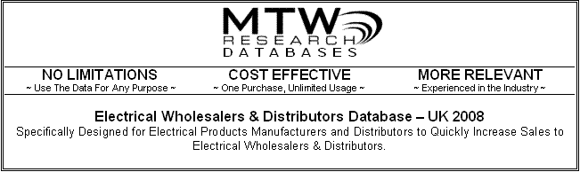 Electrical wholesaler, wholesale and distributor database, mailing list, turnover, newey and eyre, hagemeyer, Edumdsons, WF Electrical, Denmans Electrical Wholesalers etc.  